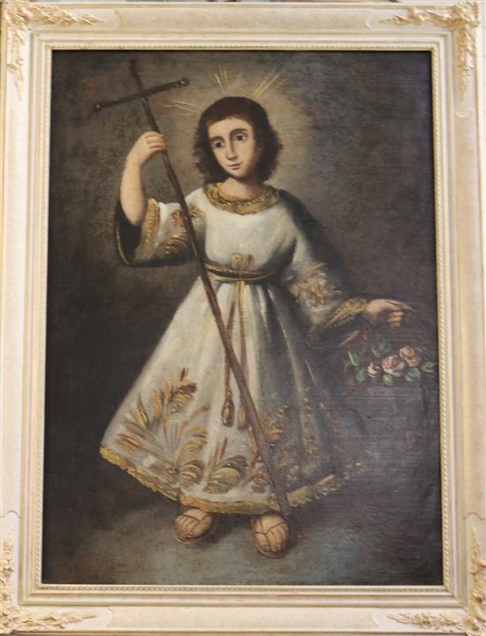 19th century Spanish School Christ as a child holding a cross and basket of flowers 30 x 22in.